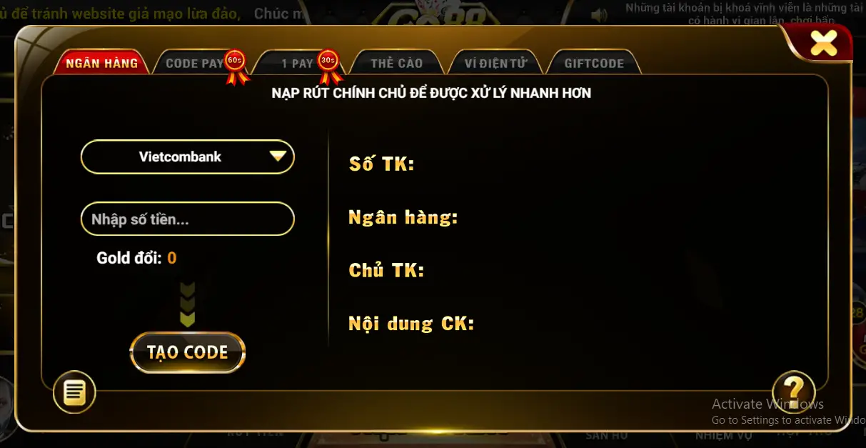 Nạp tiền Go88 vào ví tài khoản để có vốn tham gia cá cược