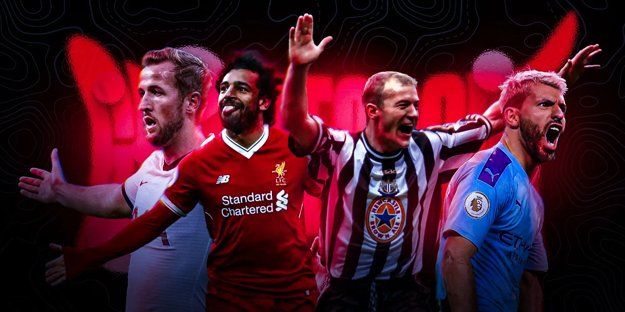 Hình ảnh các huyền thoại ghi bàn tại Premier League như Harry Kane, Mohamed Salah, Alan Shearer và Sergio Aguero.